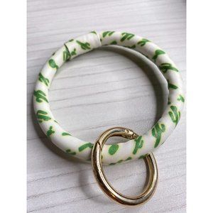 Leather Wristlet Keychain Bracelet Bangle Keyring - Cactus (Green & White)